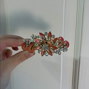 Gold and Red Peacock Floral Rhinestone Hair Clip